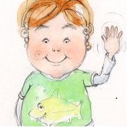 An illustration of the artist waving